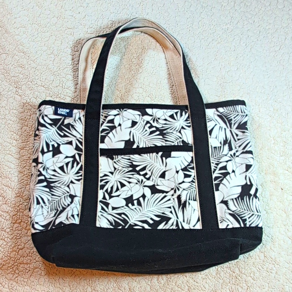 Lands End Black White Havana Palm Leaf Print Canvas Tote Bag Shoulder Carryall